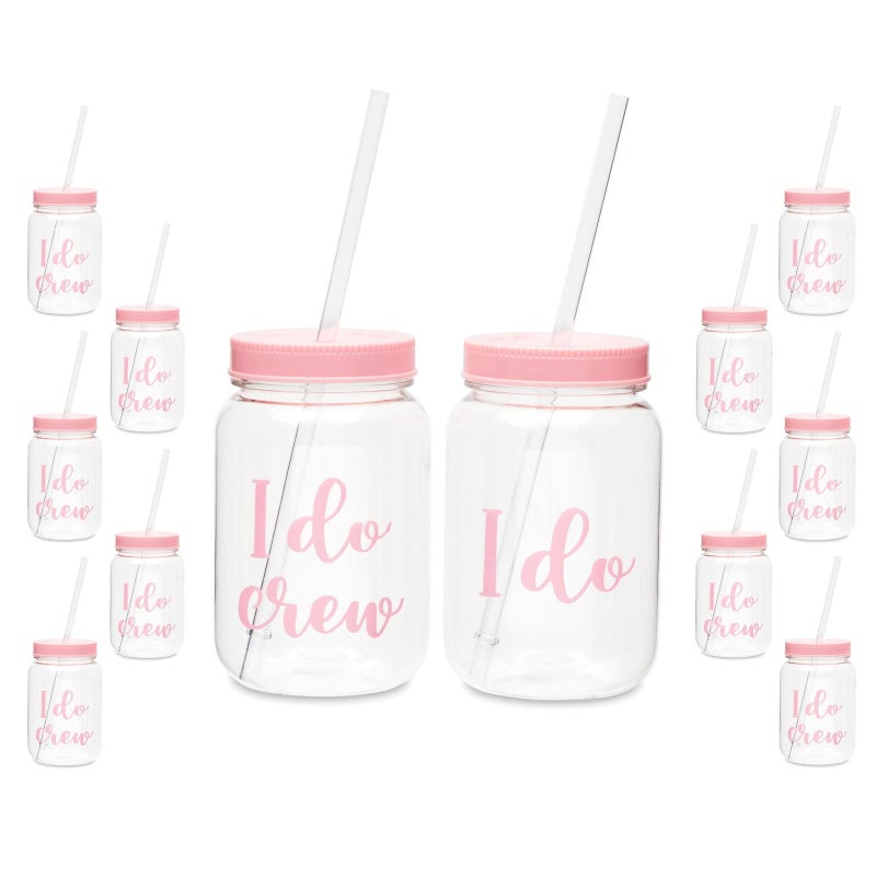 Sparkle and Bash I Do Crew Bachelorette Cups with Lids & Straws - Leak-Proof Bachelorette Party Accessories - Reusable Bridal Party Cups for Bridesmaid Gifts - Pink, Pack of 12, 18 oz - Image 1